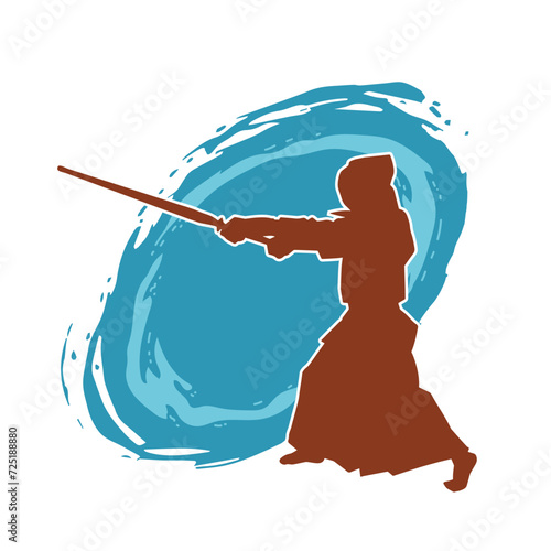 Silhouette of a sword warrior in action pose. Silhouette of a martial art person carrying sword weapon. Silhouette of kendo martial art pose.