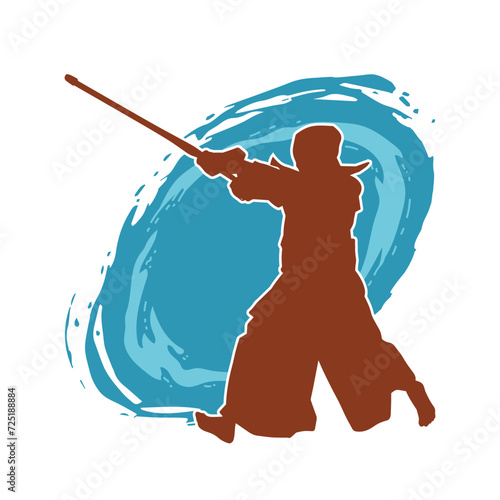 Silhouette of a sword warrior in action pose. Silhouette of a martial art person carrying sword weapon. Silhouette of kendo martial art pose.