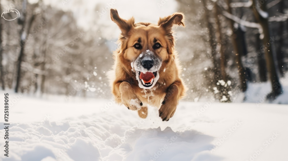 active dog Lammadore plays with a ball Run and play in the snow, surrounded by nature.