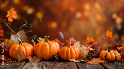 Autumn harvest with pumpkins and leaves, seasonal holiday background