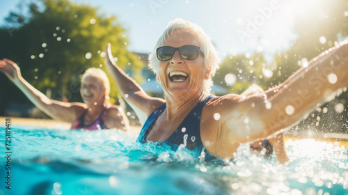 Active mature senior caucasian friends women have fun splushing in outdoor swimming pool under the sunlight. AI Generative