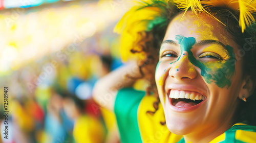 Brazilian young woman football fans celebrating their team's victory at stadium. AI Generative.