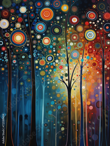 A painting with colorful trees and circles at night.