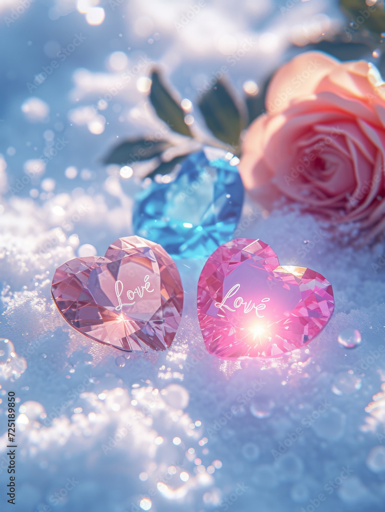 Two brightly colored 3D heart-shaped gemstones on the snow. Two brightly colored 3D heart-shaped gemstones on the snow.