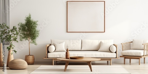 Home decor template for living room interior featuring a mock-up poster frame, beige sofa, wooden coffee table, rounded armchair, rowanberry vase, and personal accessories. photo