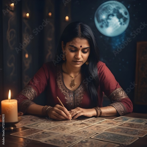 Modern luxurious indian female astrologer in one third corner carefully reading tarot card with dark astrology background