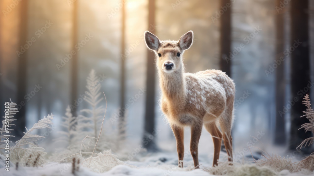 A reindeer stands on the frosted grass on an early winter morning in a snowy pine forest. winter animals, beautiful scenery A reindeer stands on the frosted grass on an early winter morning in a snowy pine forest. winter animals, beautiful scenery