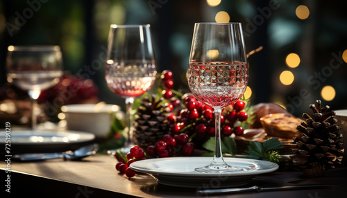 Elegant celebration, wineglass illuminated by Christmas lights generated by AI