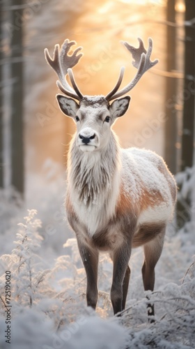 A reindeer stands on the frosted grass on an early winter morning in a snowy pine forest. winter animals, beautiful scenery © Phoophinyo