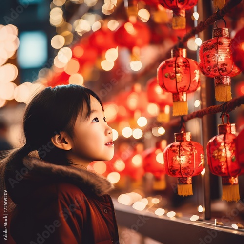 A Young Asian girl looking at Chinese New Year decorations, clear profile young Asian people, people culture concept, Chinese New Year, red Chinese lanterns, bokeh blur background