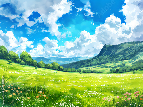 field and blue sky with clouds, watercolor style