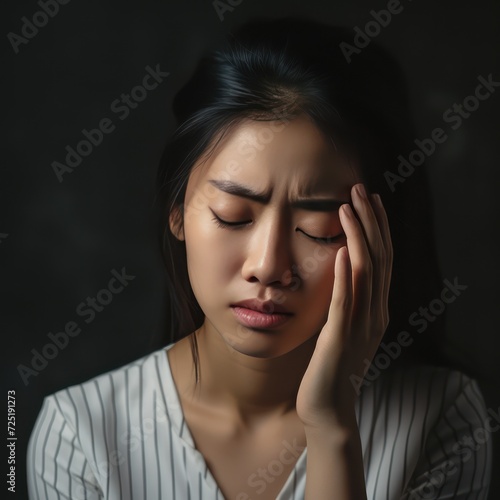 A Depressed frustrated young Asian woman suffering from headache, migraine, touching face, head with closed eyes, feeling stressed, sick, tired, thinking over bad news, problems, crisis.