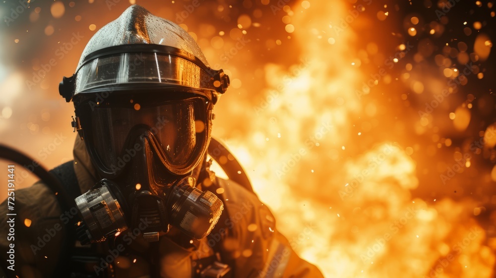 Heroic Firefighter in Full Gear Amidst Blazing Inferno. Generative AI. Heroic Firefighter in Full Gear Amidst Blazing Inferno. Generative AI.