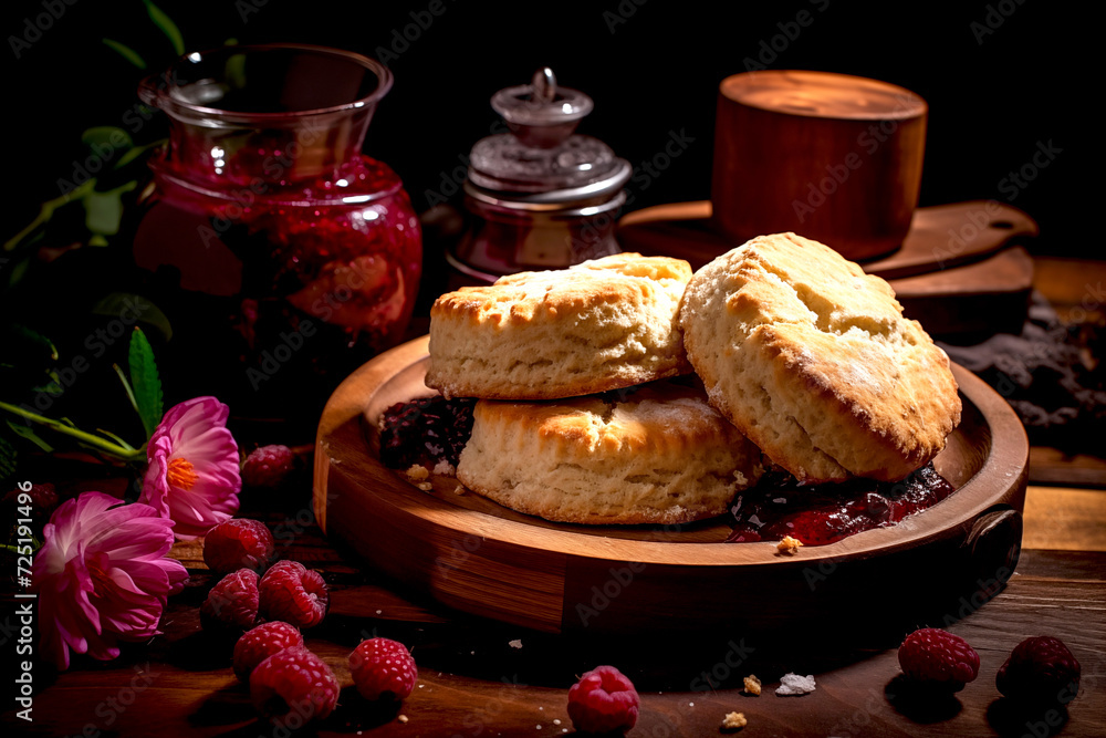 Closeup Plain scone with raspberries and raspberry jam ready to serve for afternoon tea menu Bakery food Closeup Plain scone with raspberries and raspberry jam ready to serve for afternoon tea menu Bakery food