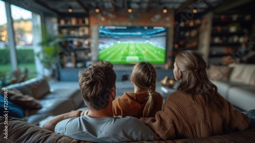 Caucasian family watching tv with football match on screen. Global sport concept. Generative AI.