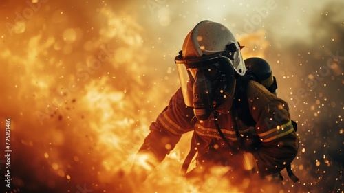 Firefighter Battling Intense Flames. Generative AI.