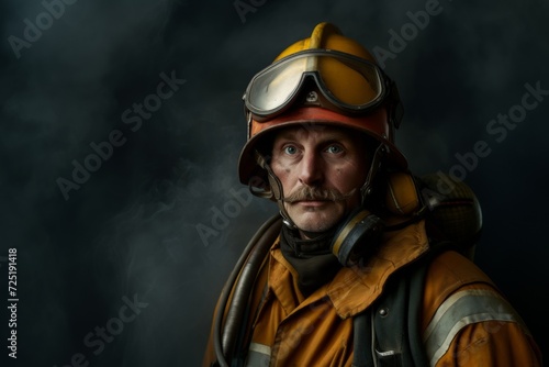 Portrait of a Brave Firefighter with Helmet in Smoky Background. Generative AI.