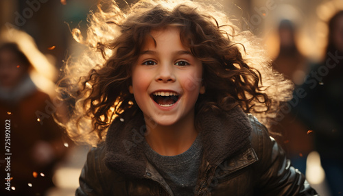 A joyful young woman, with curly hair, smiling outdoors generated by AI