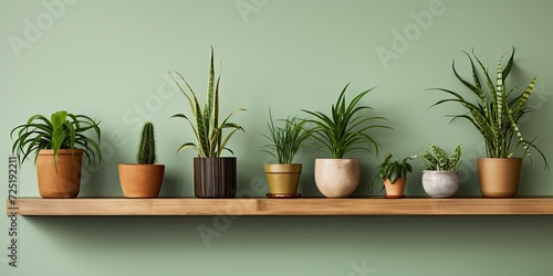 Nature-inspired sustainable lifestyle concept with unaltered green potted plants on wooden shelves at home, offering copy space.