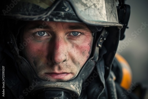 Weary Firefighter Close-Up Portrait with Soot-Stained Helmet. Generative AI. © Tuyres