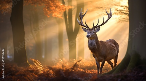 Deer in nature, Morning Sun background. © vanzerim