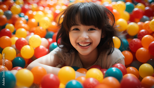 Smiling child playing, joyful and cute, enjoying colorful ball pool generated by AI © Stockgiu