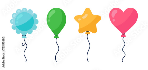 Balloons vector set. Colorful rubber toys of various shapes - star, heart, ball, flower. Flying surprise for a party, birthday, event. Festive decoration on a string. Cartoon clipart for print, cards