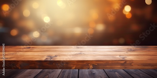 Empty wooden table surface in front of abstract background, providing space for marketing promotion.