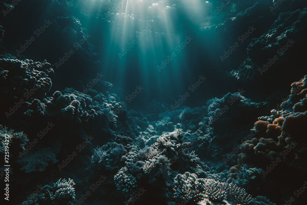 Underwater view of coral reef with sunlight shining through water surface.