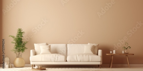 Cozy home interior with warm background, beige sofa, and coffee table. Copy space available. photo