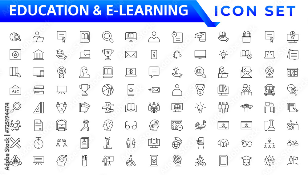 Education and E-learning icon set. Online education icon set. Thin line icons set. Distance learning. Containing video tuition, e-learning, online course, audio course, educational website - obrazy, fototapety, plakaty 