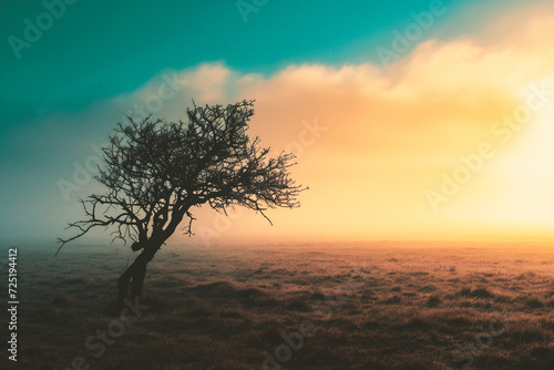 Lonely tree on foggy meadow at sunrise. 