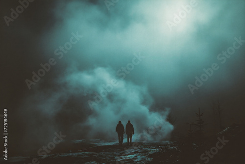 Men walking in foggy mountains. Couple walking in the fog.