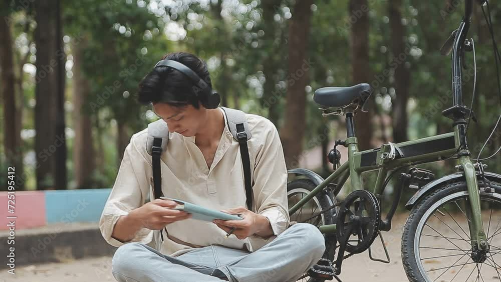 Man enjoying music using earphones while commuting to office on a bicycle. Businessman biking to office while listening to music. Man enjoying music using earphones while commuting to office on a bicycle. Businessman biking to office while listening to music.
