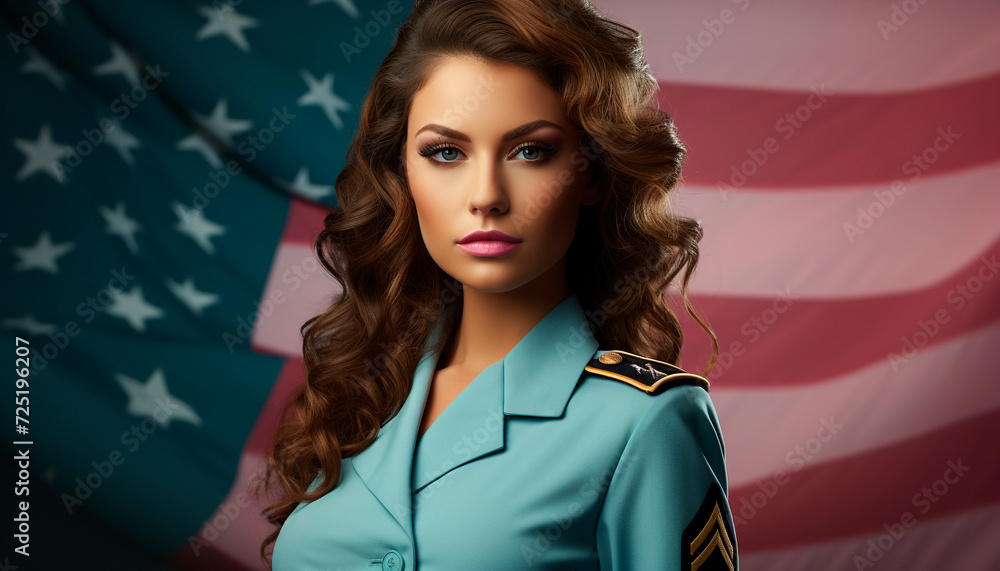 Naklejka premium Young woman with long curly brown hair, looking at camera, smiling proudly, wearing an American flag uniform generated by AI