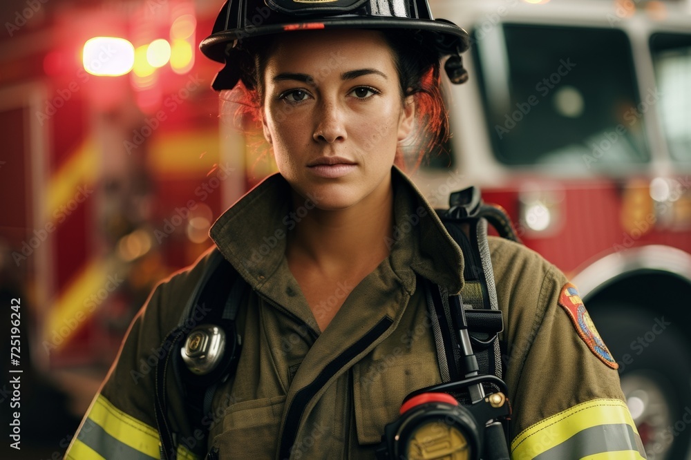Dedicated Female Firefighter in Front of Fire Engine. Generative AI. Dedicated Female Firefighter in Front of Fire Engine. Generative AI.