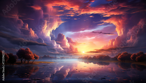 Sunset over water, nature beauty reflected in tranquil twilight generated by AI