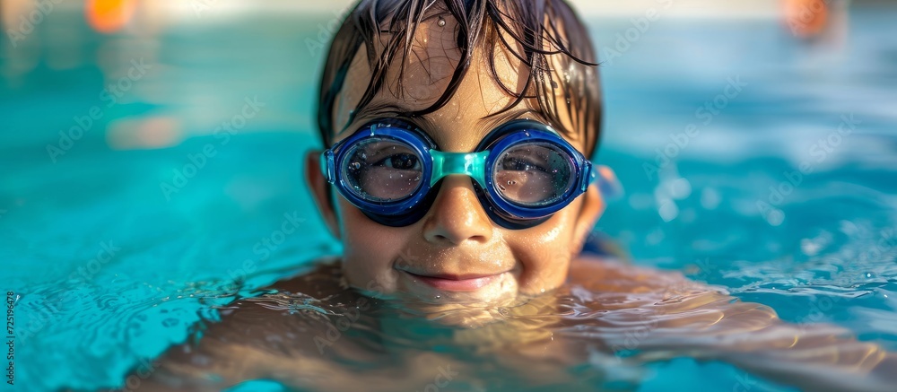 Young boy having fun with goggles in the swimming pool during summer vacation.