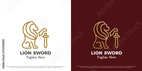 Sword lion logo design illustration. Silhouette of wild animal mascot lion royal fangs claws tail ferocious majesty monarch. Simple minimal minimalist heraldic luxury elegant crest imperial icon.