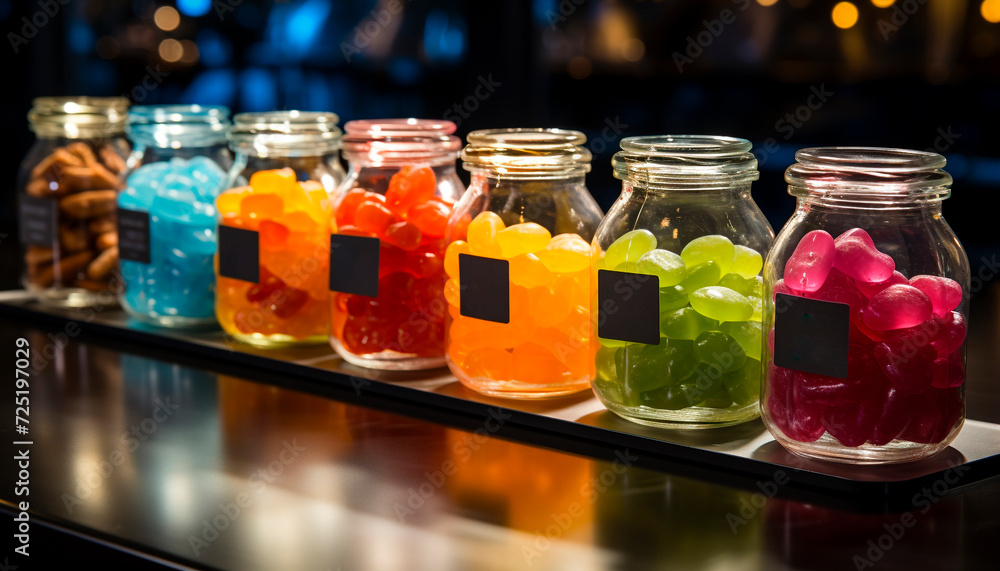A colorful candy jar filled with sweet treats and decorations generated by AI A colorful candy jar filled with sweet treats and decorations generated by AI