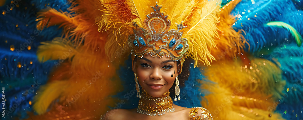 Beautiful Brazilian woman wearing colorful Carnival costume. Samba carnival dancer in feathers costume. Exotic street parade in city, celebrating party. Bright tropical colors
