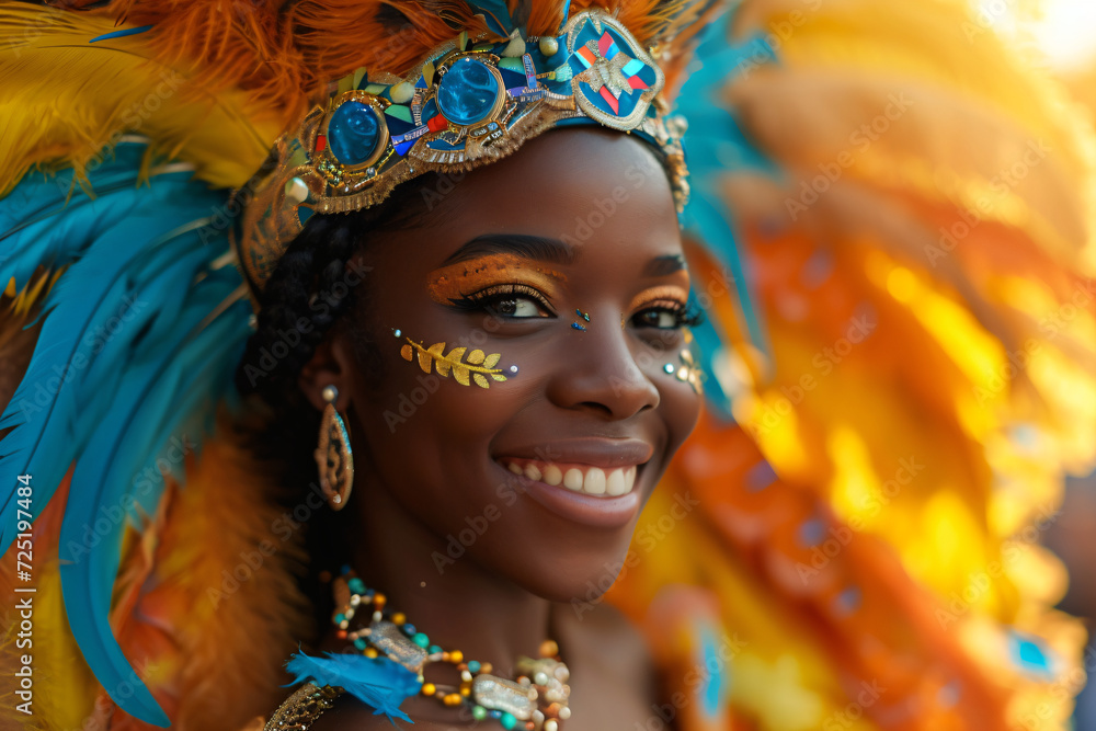 Beautiful Brazilian woman wearing colorful Carnival costume. Samba carnival dancer in feathers costume. Exotic street parade in city, celebrating party. Bright tropical colors