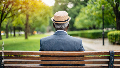 senior on park bench, back turned, contemplating solitude, peaceful atmosphere, empty seat beside, reflective moment