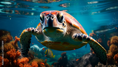 Underwater turtle swimming in blue sea  surrounded by coral reef generated by AI