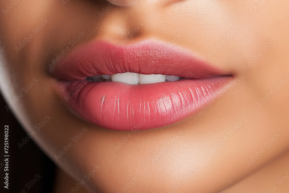 Obraz premium Female lips with clear lip gloss, natural beauty and skincare