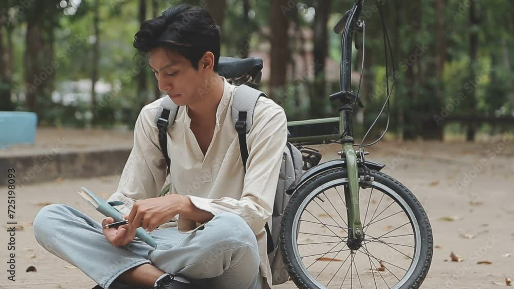 Man enjoying music using earphones while commuting to office on a bicycle. Businessman biking to office while listening to music. Man enjoying music using earphones while commuting to office on a bicycle. Businessman biking to office while listening to music.