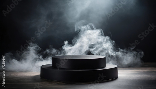 black podium engulfed in smoke on a dark background, perfect for montage and product display mock-ups, exuding an enigmatic and captivating ambiance
