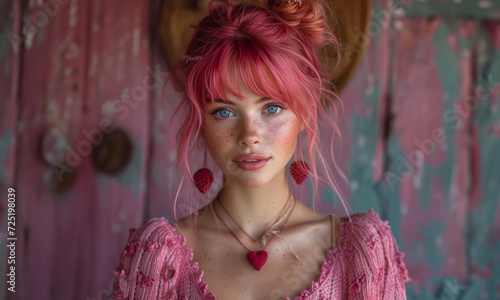 jeune femme romantique cheveux rose fuchsia tressé, boucle d'oreille longue en forme de cœur