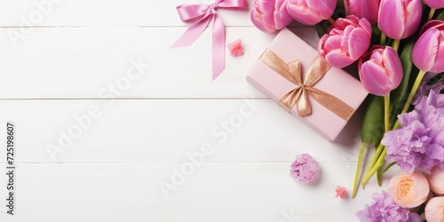 Flat lay of Women s Day gifts and flowers on a white wooden table.
