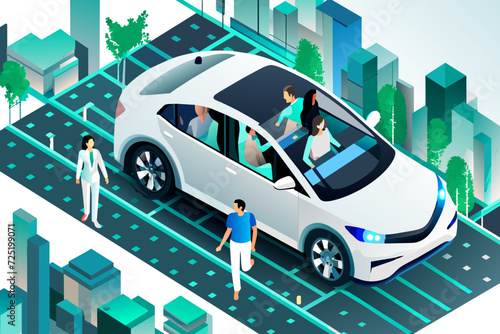 Vector isometric illustration of a self-driving car